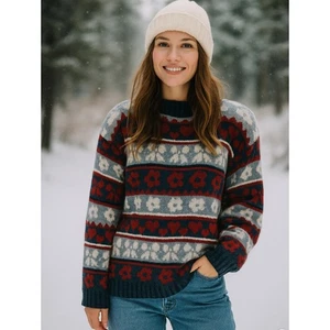 Vintage Huntington Ridge Large Acrylic Crew Sweater Hearts Bows Flowers Red Blue - Picture 1 of 7