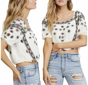 Free People Damen Aurura bestickt elfenbein Boho Gypsy Crop Bluse Gr. S - Bild 1 von 9