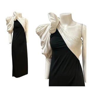 Vintage 1980s One Shoulder Black Gown with Dramatic Puff Sleeve / Small - - Picture 1 of 4