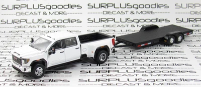 Greenlight 1:64 White 2022 GMC SIERRA 3500 Dually Pickup w/Open Car Trailer - Image 1 of 4