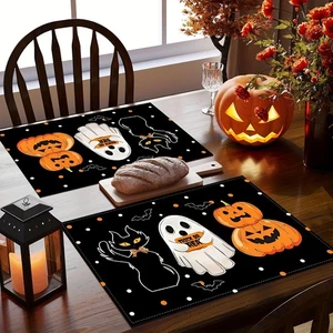 1/4pcs Halloween Placemats - 12x18 Inch, Black with White Polka Dots Bats, Pumpk - Picture 1 of 7