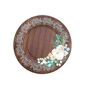 Brown 25 Round 13" Wood Print Paper Charger Plates Floral Lace Rim Party Events - Picture 1 of 9