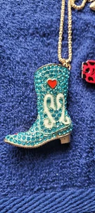 New Betsey Johnson Necklace Cowboy Boot Blueish Rhinestone Texas Rodeo Decorate  - Picture 1 of 4