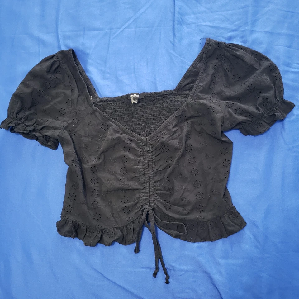 Ambiance Crop Smocked Top Size L Black Puff Sleeve Eyelet Ruffle Boho Festival - Image 1 of 4