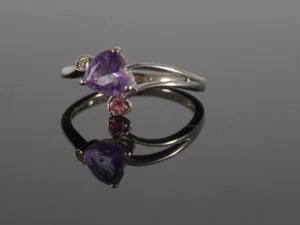 10k White Gold Amethyst Heart Ring with Diamond and Synthetic Sapphire Accents - Picture 1 of 10