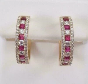 2Ct Princess Lab Created Red Ruby Diamond Hoop Earrings 14K Yellow Gold Plated - Picture 1 of 5