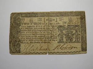 1770 $2/3 Annapolis Maryland MD Colonial Currency Bank Note Bill RARE ISSUE - Picture 1 of 2