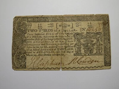 1770 $2/3 Annapolis Maryland MD Colonial Currency Bank Note Bill RARE ISSUE - Image 1 of 2
