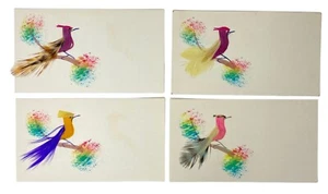 4 ANTIQUE EPHEMERA: HANDMADE NAME OR CALLING CARDS – BIRDS W/FEATHERS - Picture 1 of 5