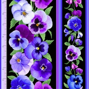 Pansy Floral Flowers Flower Black 11" Stripe 3751 Timeless Durable Cotton Fabric - Picture 1 of 2