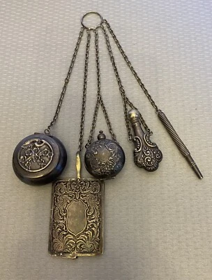 Antique German Silver Chatelaine Ball Dance Note Card Pencil Perfume Coin Holder - Image 1 of 4
