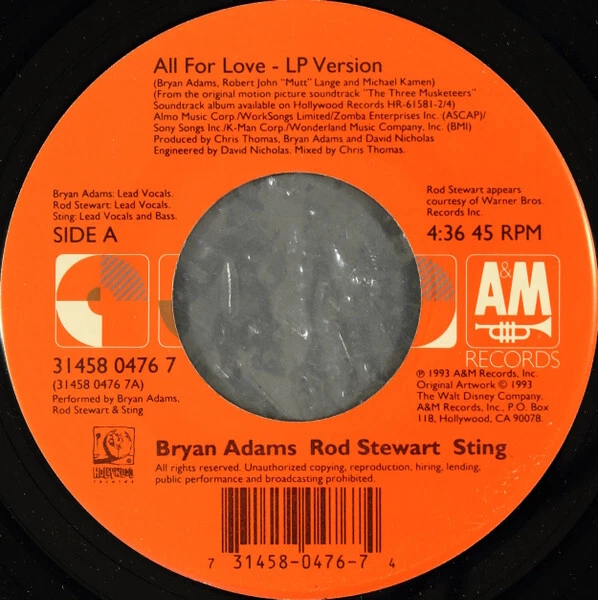 Bryan Adams, Rod Stewart, Sting - All For Love (7" Single) Foto 1 de 1
