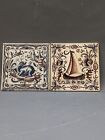 Vintage Portugal Ceramic Tile Duo Hand Painted Outeiro Agueda Azulejos