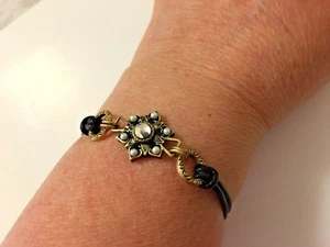 Michal Golan 24K Gold Snow Flake Bracelet on black leather Handmade - Picture 1 of 5