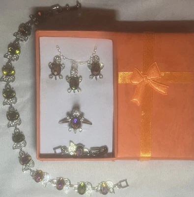 Dazzling Rainbow Mystic Topaz CZ Turtle Necklace, Earrings, Bracelet, Ring 9 Set - Image 1 of 4