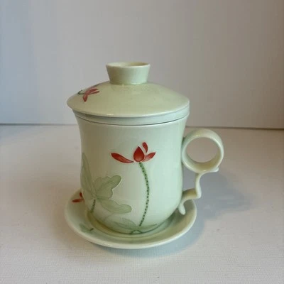 Teavana Fine Porcelain China Tea Mug Lid Saucer Set Infuser Mint Green Lotus - Image 1 of 4