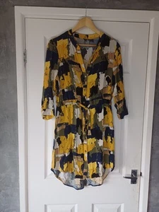 "Ladies Abstract Shirt Dress Yellow Blue Green Tie Waist Button Front 12" - Picture 1 of 5