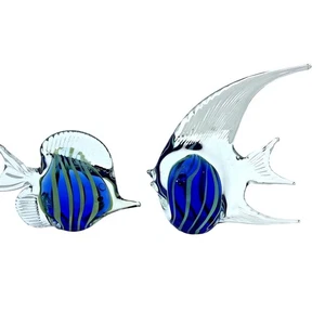 2 Art Glass Paperweight Fish 5 inch Clear Blue Yellow Angel Zebra Unlabeled - Picture 1 of 6