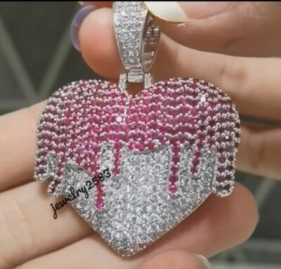 2Ct Simulated Ruby Men's Unique Style Drip Heart Pendant Rope Chain 925 Silver - Image 1 of 4