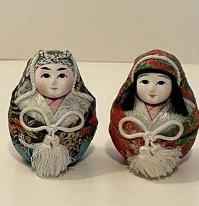Japanese Asian Small Wedding Dolls Round Bride Groom Set Kimono Brocade 3" Tall - Picture 1 of 8