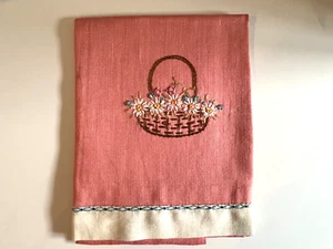 Vintage Hand Embroidered Tea Towel Basket Flowers Pink / Rose Color White Border - Picture 1 of 9