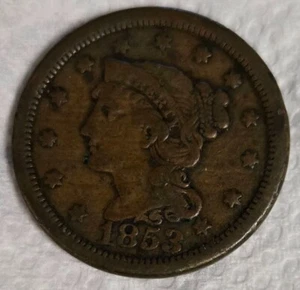1853 geflochtenes Haar großer Cent Kupfer 1C - Bild 1 von 2