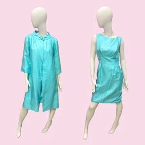 MAD MEN 1950's Sky Blue Silk Shantung Cocktail Dress and Coat Set - Picture 1 of 4