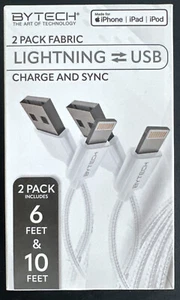 Bytech 2 Pk Fabric Braided Fast Charge & Sync Cables White 6ft & 10ft for iPhone - Picture 1 of 5