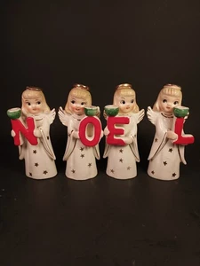 Vintage Commodore N.O.E.L Porcelain Angels Mini Taper Candle Holder Figurines - Picture 1 of 9