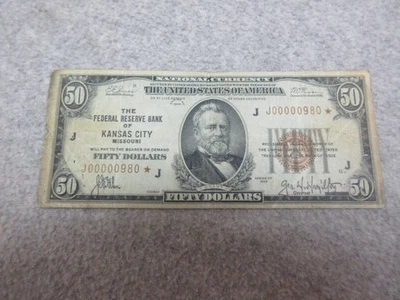 1929 National Currency  $50 STaR Note  KANSAS CITY MISSOURI  FR-1803 Low Number - Image 1 of 4