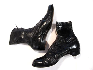 ANTIQUE MENS GLOSSY BLACK LEATHER BOOTS SHOES 1880S 1890 PETERS GEM SIZE 9B? A48 - Picture 1 of 16