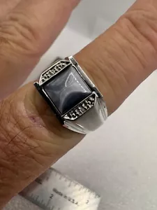 ANILLO VINTAGE ORO BLANCO 10K DIAMANTE 8X8mm AZUL GRIS OJO DE GATO PARA HOMBRE 10.25, SHR - Imagen 1 de 10