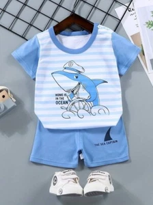 2pcs Boys Casual Cotton shark Print Short Sleeve Tee & Shorts age 3-4 - Picture 1 of 6
