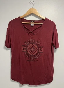 Harley Davidson Womens Short Sleeve Shirt Criss Cross Front Nashville Maroon S - Picture 1 of 8