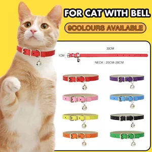 PU Leather Cat Collar Kitten Dog Adjustable Bell Pink Blue Red Black with Bell - Picture 1 of 21