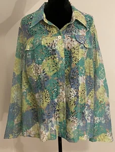 Ruby Red Jacket Button Up Semi Sheer Periwinkle Blue Lime Green Size 2X - Picture 1 of 11
