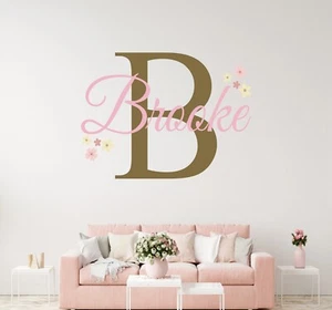 Custom Name and Initial with Flowers Wall Decal - Personalized Name&Initial Art - Picture 1 of 8