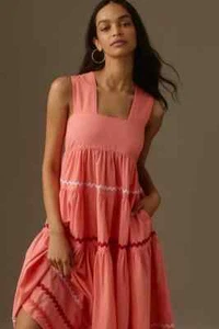 Anthropologie HELENA Square-Neck Tiered Midi Dress Scalloped L NWT $178 Cruise - Picture 1 of 11