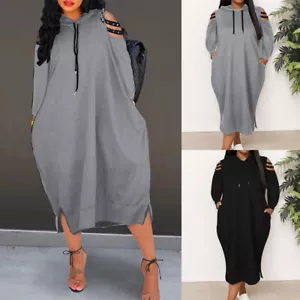 Women LOOSE Cold Shoulder Shirt Dress Hooded Casual Holiday Maxi Dress Plus Size - Picture 1 of 25
