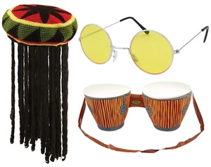 Jamaican Rasta Hat Inflatable Bongo Drums Hippie Glasses 3Pc Caribbean Party Set - Picture 1 of 3