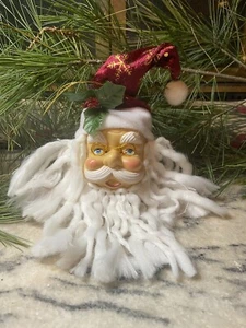 Vintage großer Weihnachtsmann Kopf Ornament Kunststoff Gesicht Garn Bart weinrot Samt Hut - Bild 1 von 5