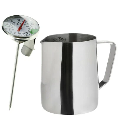 Stainless Steel Milk Jug Frothing Frother Coffee Latte Pitcher 350ml Thermometer - Image 1 of 4