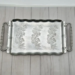 Vintage Forged Aluminum 18" Metal Tray Handles Embossed Roses Rectangle - Picture 1 of 16