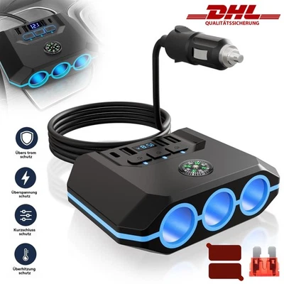 Auto KFZ Adapter 3 Fach Zigarettenanzünder Verteiler mit USB 12V-24V Steckdose - Bild 1 von 4