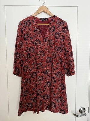 Vestido Babydoll Madewell Talla S Rojo Cachemira Floral Seda Manga Larga Con Cordones Boho Foto 1 de 4