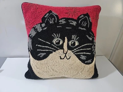 WARREN KIMBLE Fat Cat Hooked Rug WOOL Throw Pillow ~ 16" x 16" - Image 1 of 4