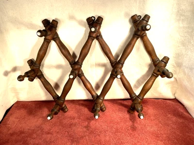 ANTIQUE Expandable Wooden  Wall Hat Rack with 8 Porcelain 2 Brass Tipped Hooks - Image 1 of 4