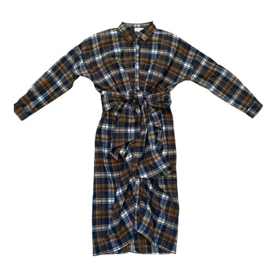 Maxi Vestido Mabel TALLA GRANDE Azul Marrón Franela a Cuadros Acogedor Frontal Corbata Cuerpo Con Foto 1 de 4