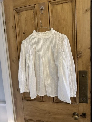 Brora Button Back Blouse- UK 12-White Organic Cotton Pintuck Pie Crust -NWOT - Image 1 of 4