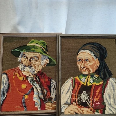 Vtg Needlepoint Canvas Rico Gobelin Bavarian Farmer Man And Woman Complete - Image 1 of 4